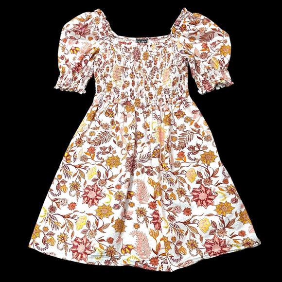 Peasant Mini Dress Prairie Sz Medium Smocked Puff Sleeves Floral My Street - Picture 1 of 9